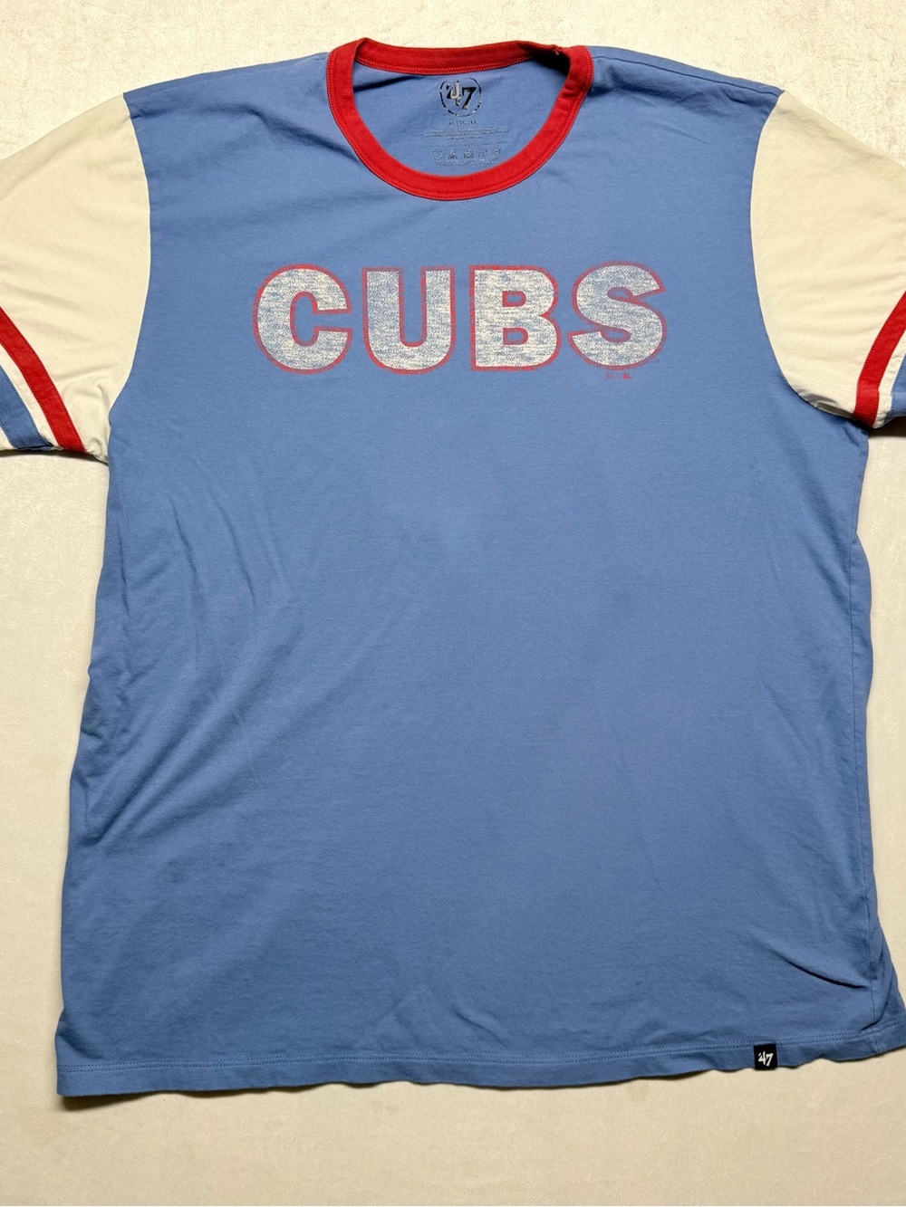 47 Brand Light Blue CUBS Ringer Tee with Red Trim and Cream Sleeves